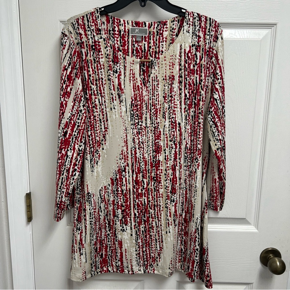 JM Collection Red and Cream Patterned Tunic Top Large